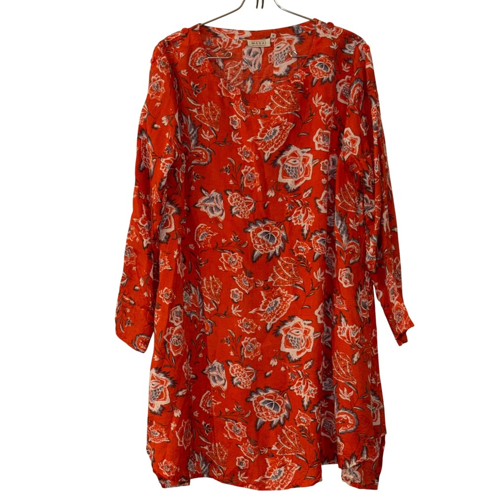 Masai Red Floral Crinkle Tunic Dress Womens Small Long Sleeve V-Neck Lagenlook